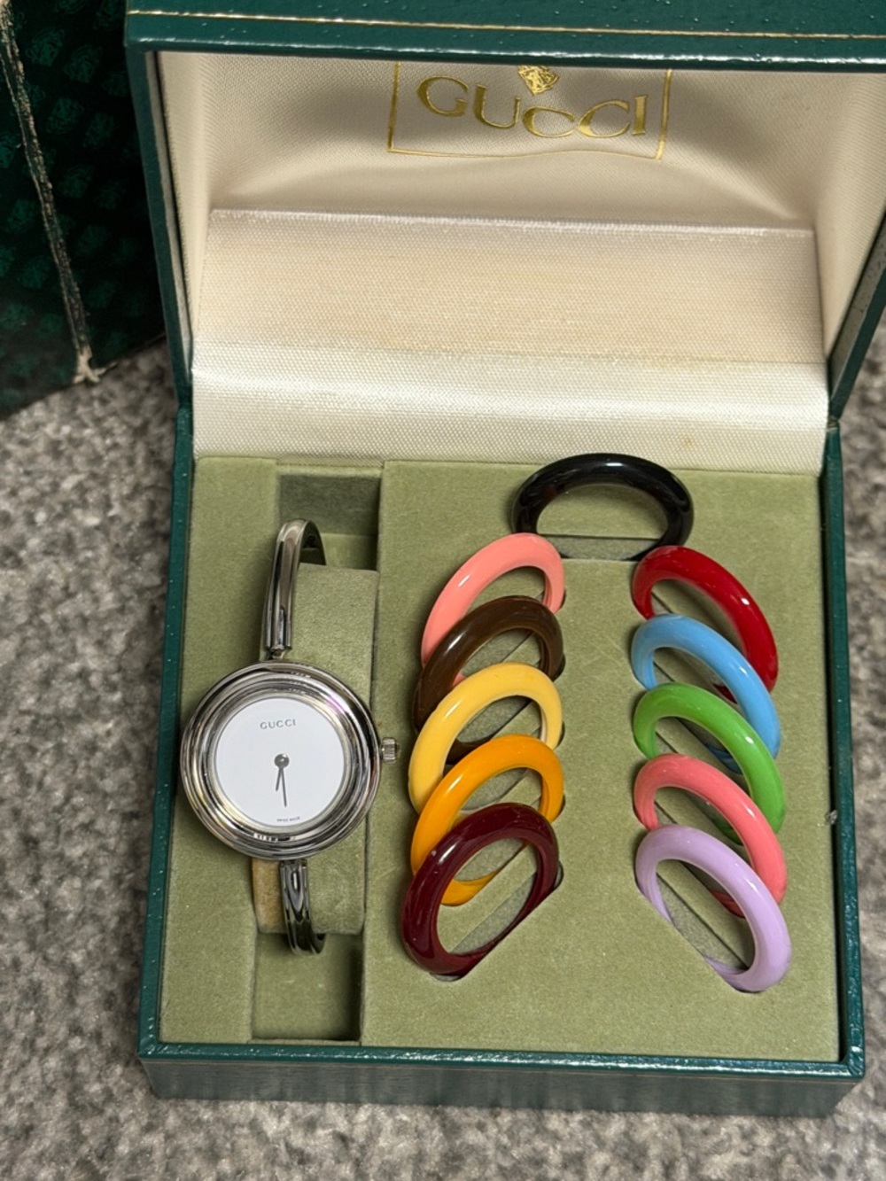 Gucci Silver Bangle Watch with Multicolor Interchangeable Bezels